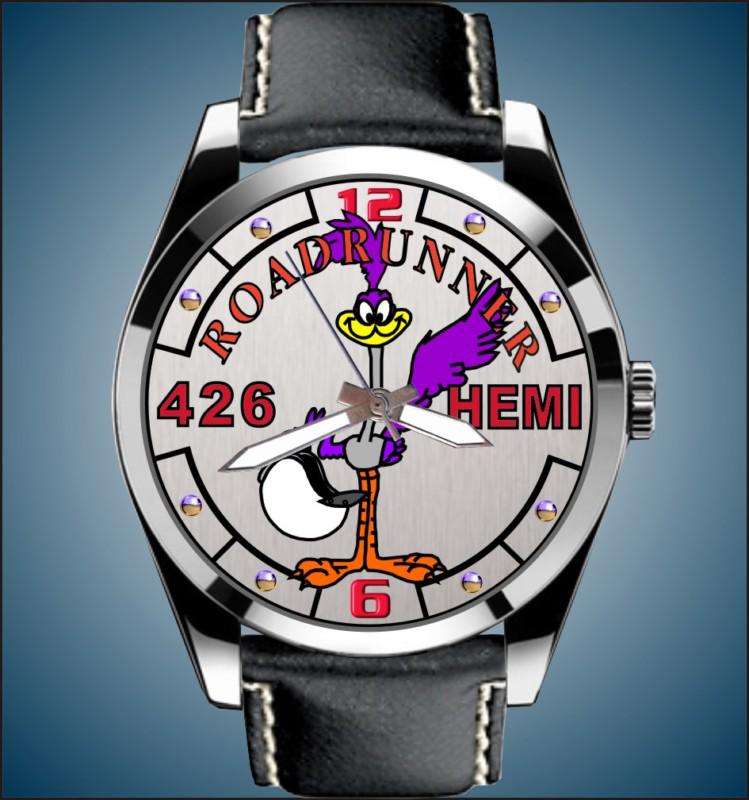 Road runner 426 hemi engine mopar plymouth quartz watch with leather band