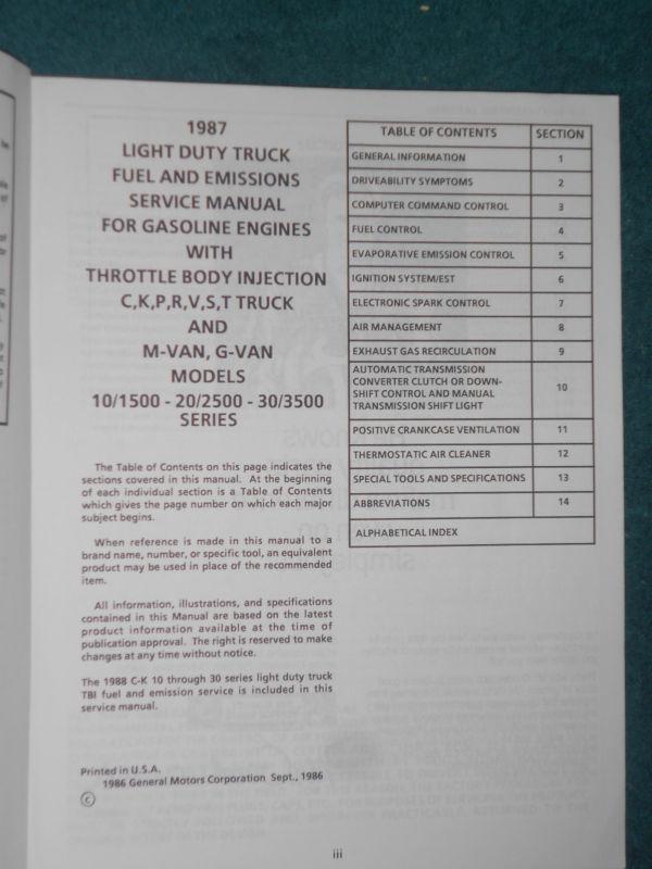 1987 GMC (CHEVROLET) TRUCK FUEL & EMISSIONS SHOP MANUAL / ORIGINAL G.M. BOOK 88, US $27.50, image 2