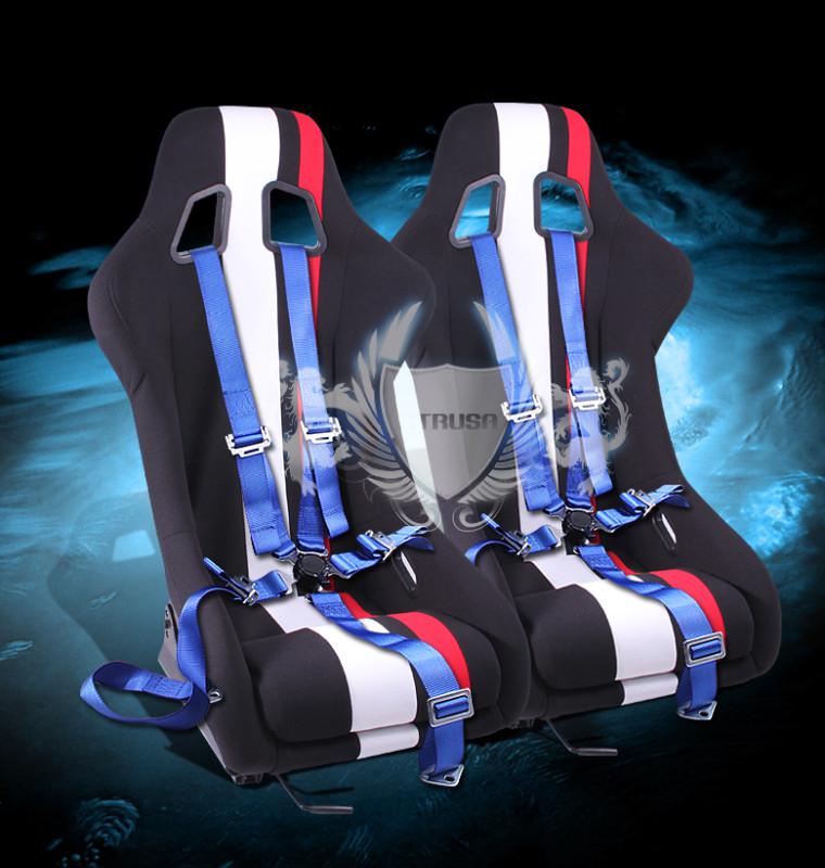 2x jdm f1 black/white red stripe fabric racing seat bride style+5pt blue camlock