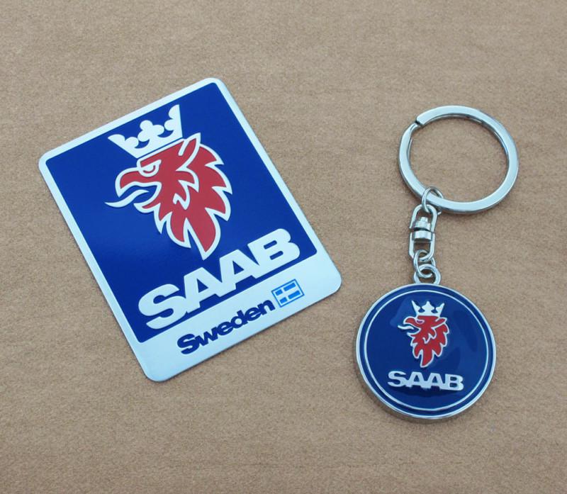 Set of 2 saab items, alloy saab badge 2.75"l & saab logo key ring, nice! mint!