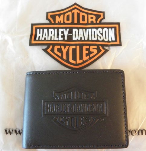 New oem harley davidson black leather bi-fold wallet bar &amp; shield