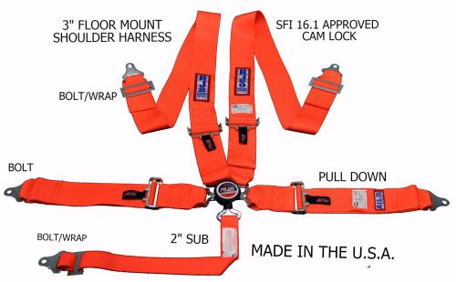Rjs sfi 16.1 cam lock 5 pt seat belt harness floor mount bolt in orange 1034105