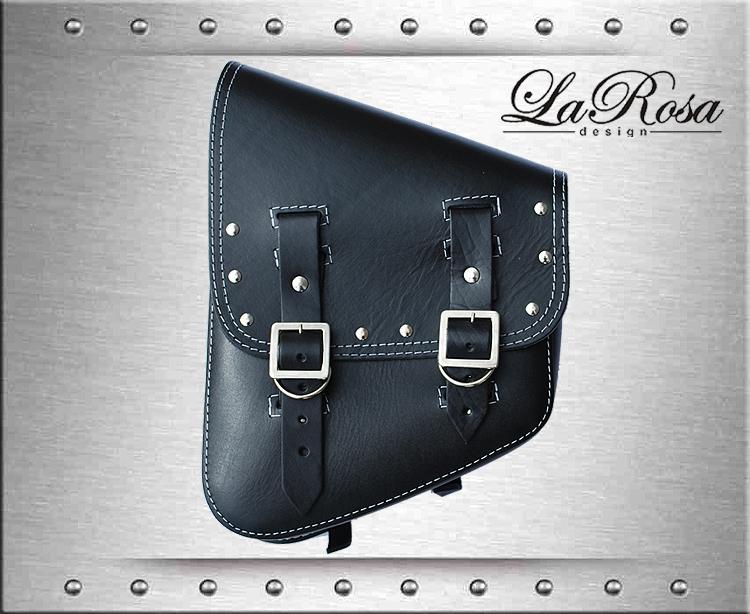 Larosa black leather rivet style universal harley softail bobber left saddlebag