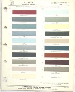 1962  lincoln  ppg  color paint chip chart all models  original