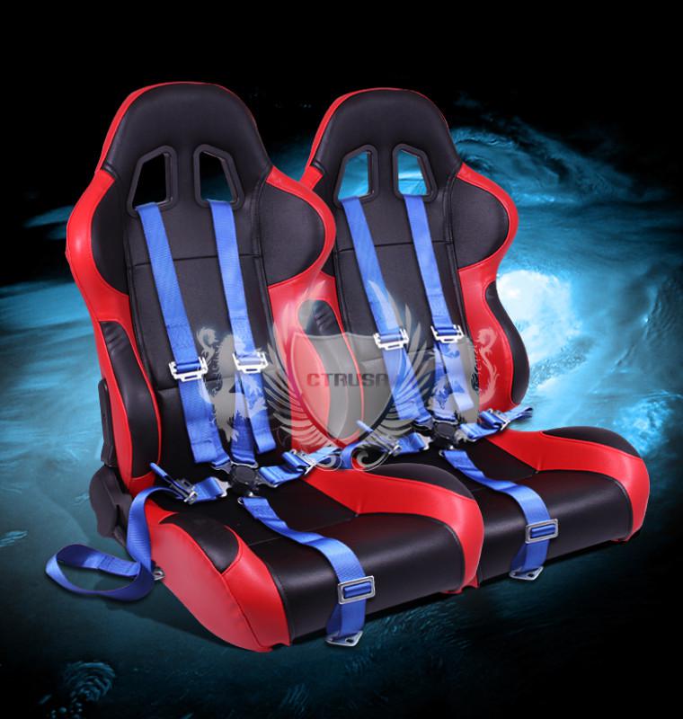 2x universal black/red turino racing bucket seats+5-pt blue camlock harness belt