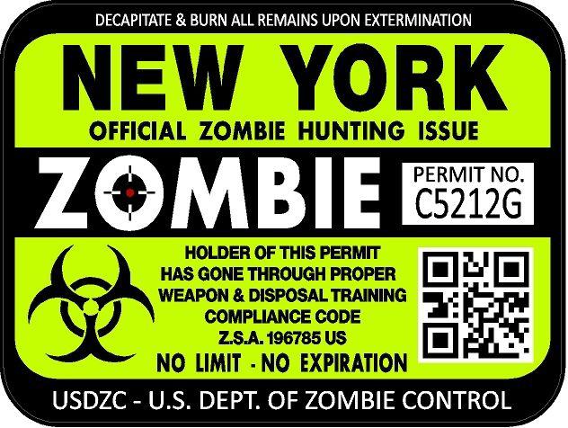 New york zombie hunting license permit 3"x4" decal sticker outbreak 1242