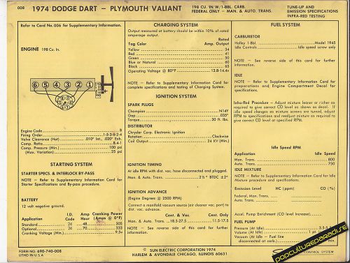 1974 dodge dart / plymouth valiant 198 ci engine car sun electronic spec sheet