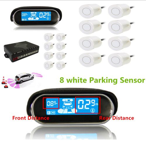 8 white parking sensors car reverse backup lcd display front rear alarm buzzer