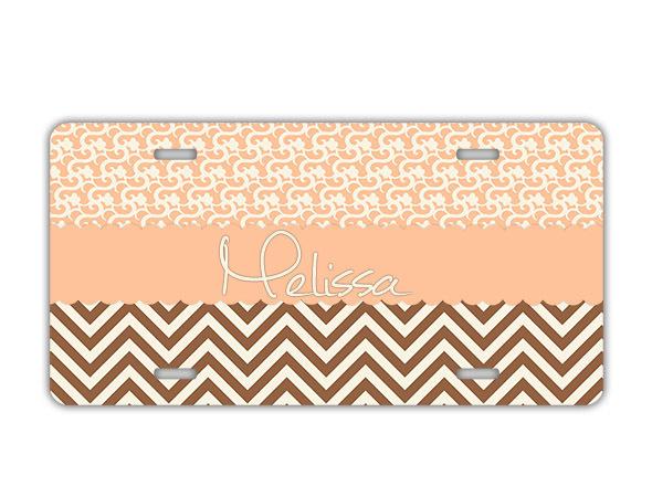 Monogram chevron license plate peach w chocolate chevron monogram car tag (1009)