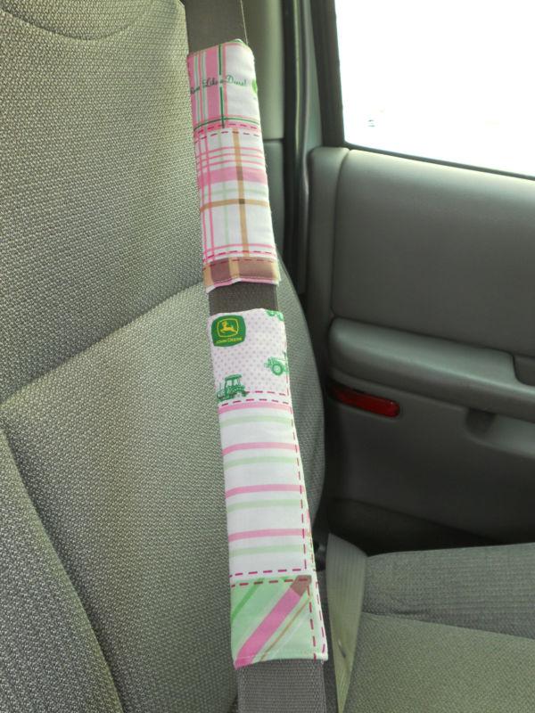 Handmade pink john deere print seat belt strap covers