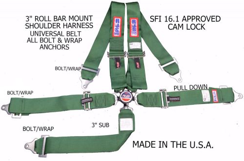 Rjs sfi 16.1 cam lock 5 pt racing harness universal roll bar mount green 1032809