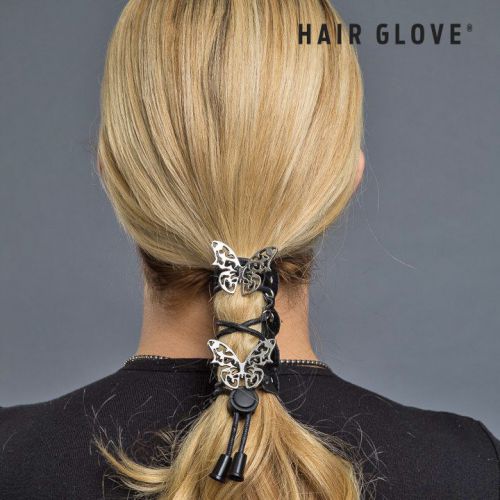 Hair glove® 4” leather lace up chrome tribal butterfly, 31455, ponytail holder