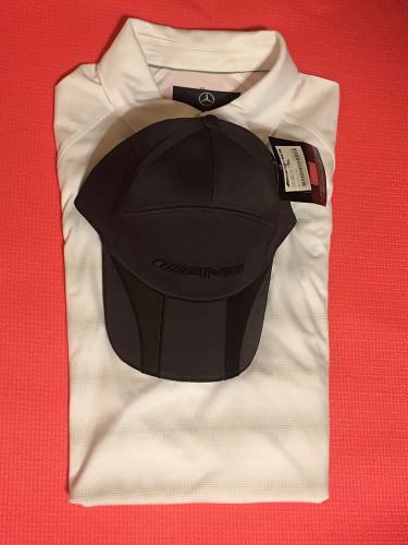 Nwot mercedes benz lifestyle amg cap and mb striped golf shirt m; gift set