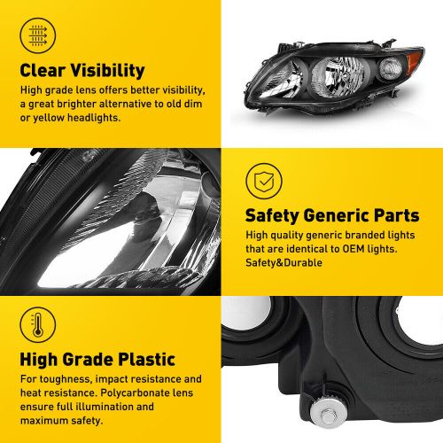 Pair Fits 2009-2010 Toyota Corolla Black Headlights Headlamps Left + Right 09 10, US $74.99, image 5