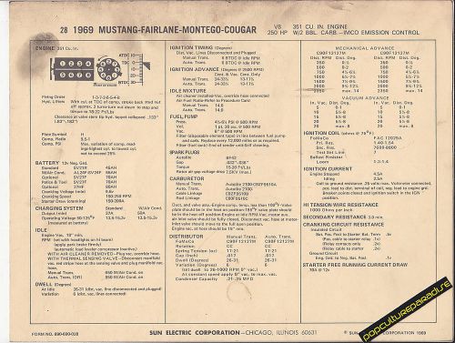 1969 ford mustang-fairlane-montego-cougar 351/250 car sun electronic spec sheet