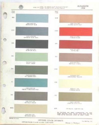 1958 plymouth ppg  color paint chip chart all models original mopar