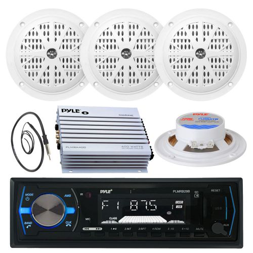 400w marine amplifier, 4&#034; white speakers, antenna, pyle aux am fm usb receiver