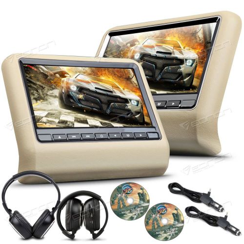 Us portable 9&#034; beige pair car headrest dvd player pillow monitor game+ headset a