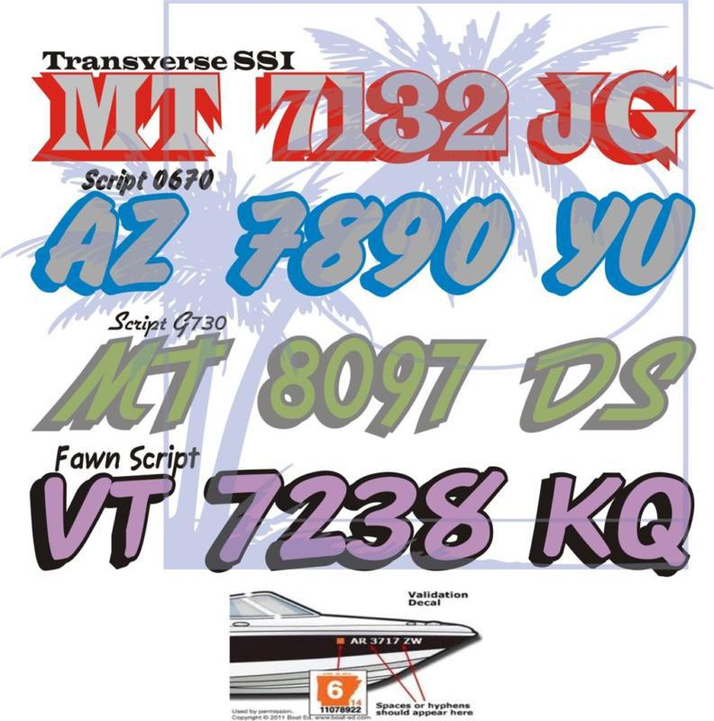2 color boat, 4" x 23" jetski registration numbers, bass, bait, skis, hooks, rod