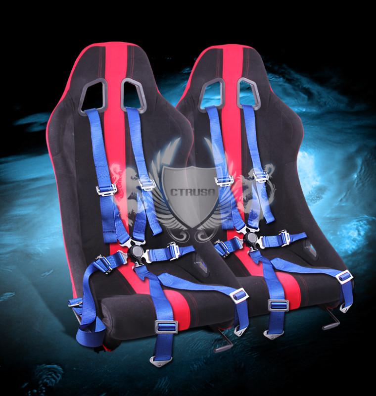 2x universal blue/red stripe fabric racing seat +6-pt blue camlock harness seat