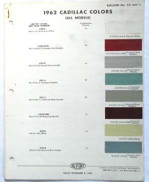 1962 cadillac dupont  color paint chip chart all models original 