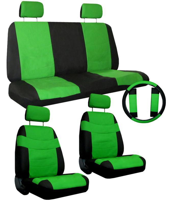 Green black car seat covers set w/ steering wheel cover & belt shoulder pads #2 