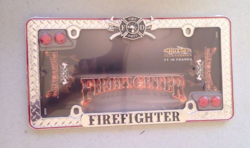 Chrome/black/red firefighter license plate frame w/fastener cap - cruiser# 30936