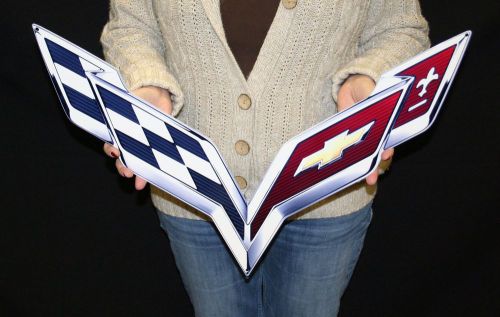 2014 + corvette c7 stingray z06 crossflag wall emblem metal sign art 24&#034; x 16&#034;