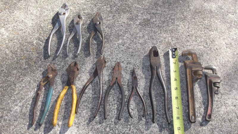 Lot of vintage nine pliers, two ridgid pipe wrenches 