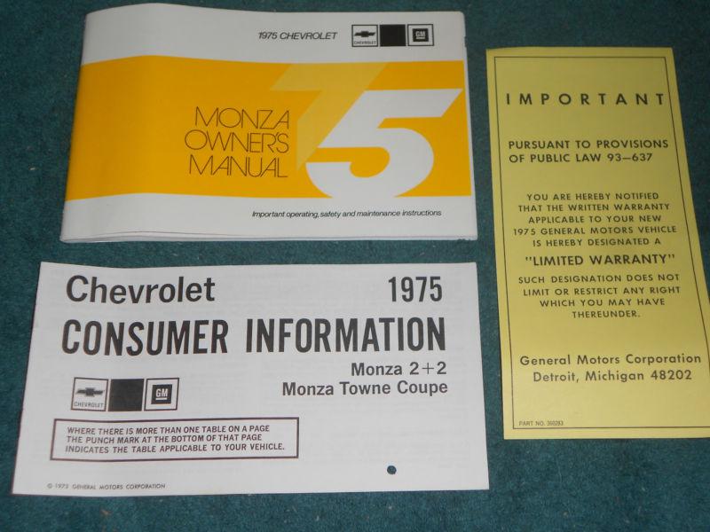1975 chevrolet / monza owner's manual set / original 3 pc guide book set