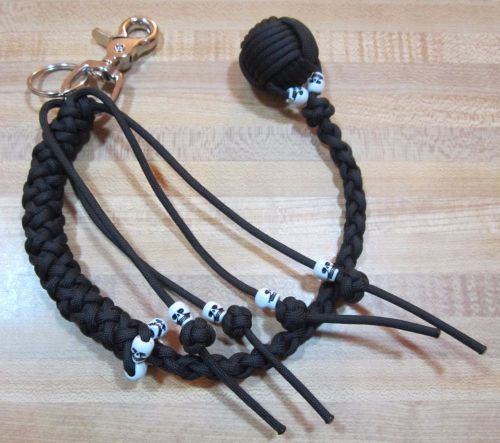 Getback biker keychain whip solid black with 10 skulls usa made 1" ball