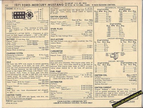1971 ford mercury mustang 351 ci / 240 hp 2 bbl car sun electronic spec sheet