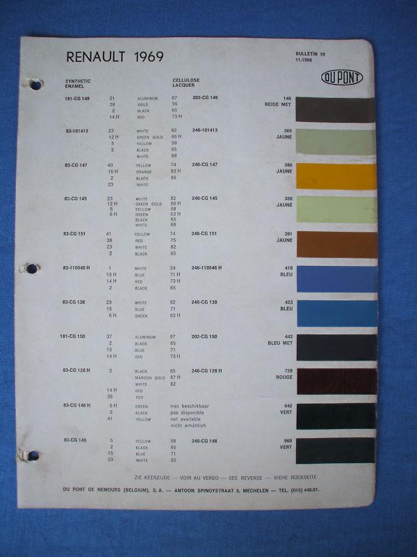 1969 , european paint card dupont ,renault paint chip color  chart