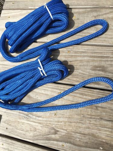 2 new 1/2&#034; x 15&#039; double braid premium nylon dock line, blue with spliced eye