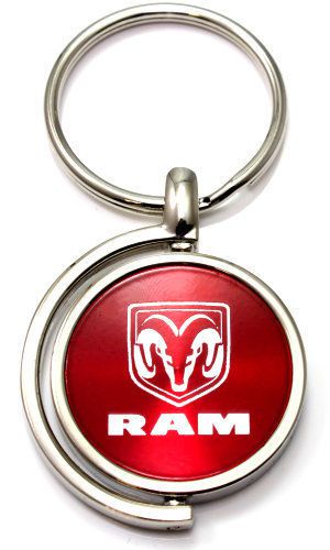 Red dodge ram logo brushed metal round spinner chrome key chain spin ring