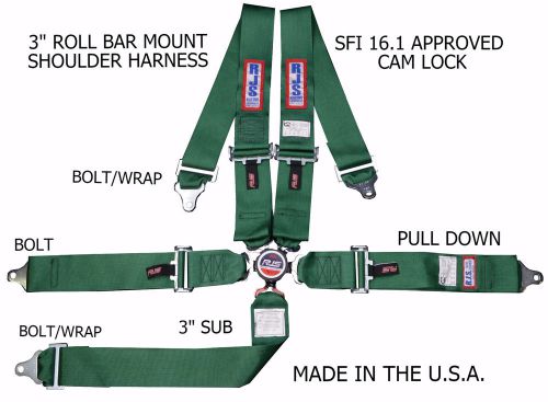 Rjs sfi 16.1 cam lock 5 pt racing harness roll bar mount bolt in green 1032509
