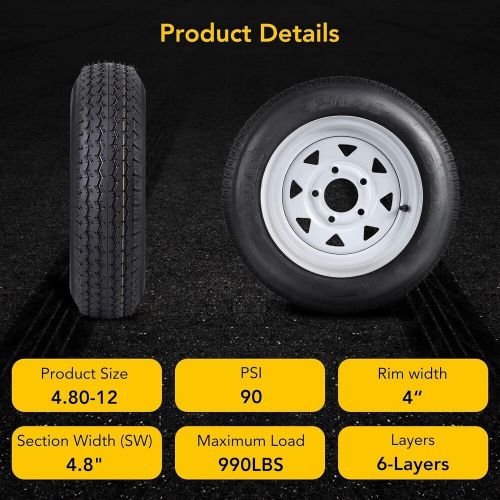4PCS Trailer Tires 4.80-12 4.80x12 12" with Rims 6PR 5 Lug on 4.5" Load Range C, US $227.98, image 4