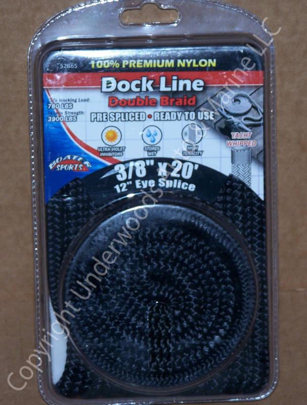 Double braid nylon dock line black 3/8"x20' boat 12"eye