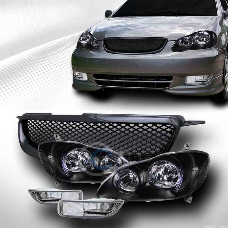 Jdm black head lights signal+front grill grille+bumper fog lamp ch 03-04 corolla
