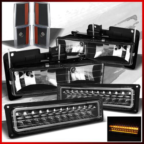 94-99 gmc c/k black headlights+signal lights+led preformance parking lights set