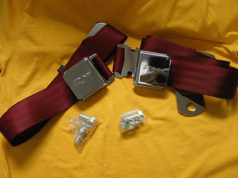 Sell DARK RED SEAT BELT WITH MUSTANG RUNNING PONY , NEW PAIR ! in