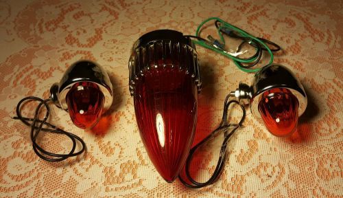 Vintage lot of 3 motorcycle lights,red cone &amp; 2 orange glass,1960&#039;s?very g.cond!