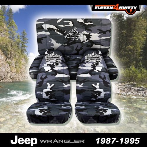 1987-1995 jeep wrangler yj gray camo seat covers w/ custom fly fishing design