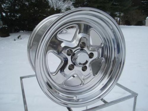 ( prostar  style) 15x4  gm chevy 5 on 4 3/4 bp 521 series,, polished gasser
