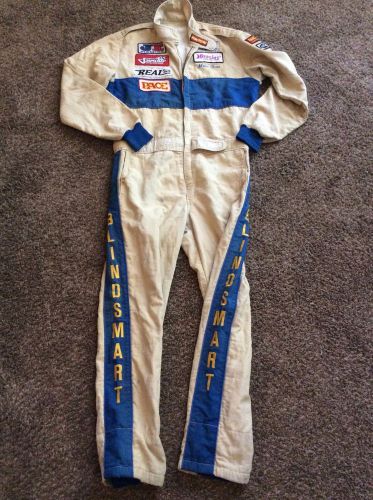 Vintage race car fire suit auto racing team uniform one piece crew patches tan