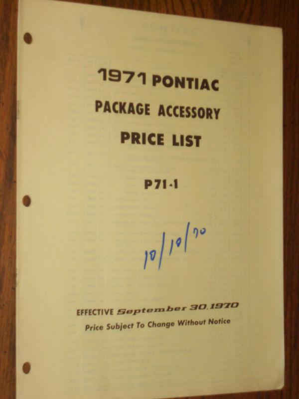 Purchase 1971 PONTIAC ACCESSORIES PARTS LIST CATALOG ORIGINAL FIREBIRD