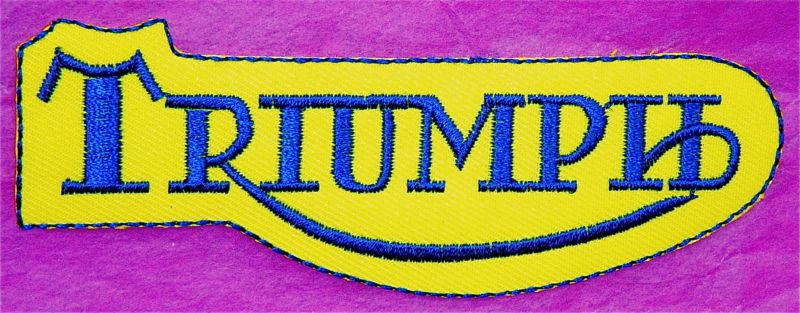 Triumph script  embroidered  sew on or iron on patch  blue & yellow