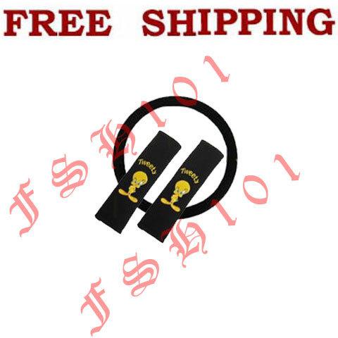 New set cartoon looney tunes tweety bird steering wheel cover seat belt covers