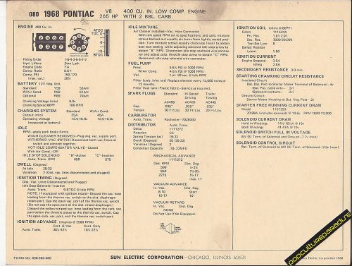 1968 pontiac v8 400 ci low compression 265 hp car sun electronic spec sheet
