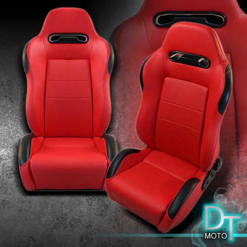 2pc type s style reclinable racing seats red pvc leather black stitching+slider